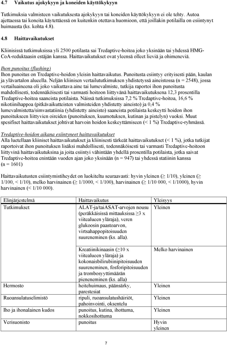 8). 4.8 Haittavaikutukset Kliinisissä tutkimuksissa yli 2500 potilasta sai Tredaptive-hoitoa joko yksinään tai yhdessä HMG- CoA-reduktaasin estäjän kanssa.