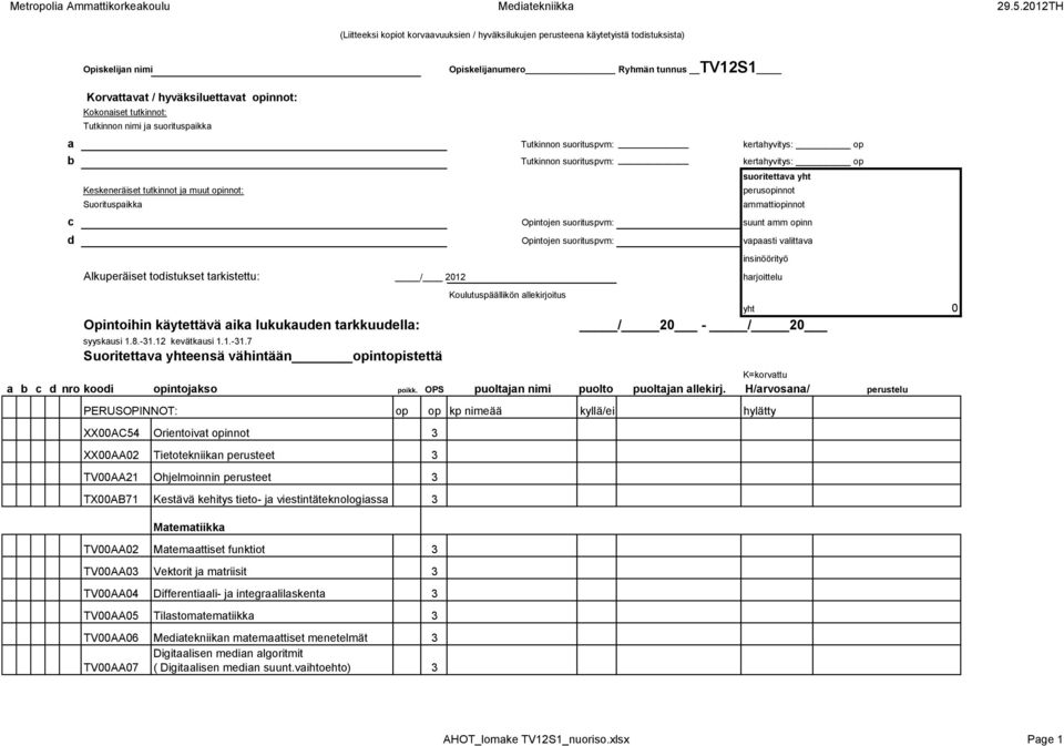 Suorituspaikka ammattiopinnot c Opintojen suorituspvm: suunt amm opinnot d Opintojen suorituspvm: vapaasti valittavat insinöörityö Alkuperäiset todistukset tarkistettu: / 2012 harjoittelu Opintoihin