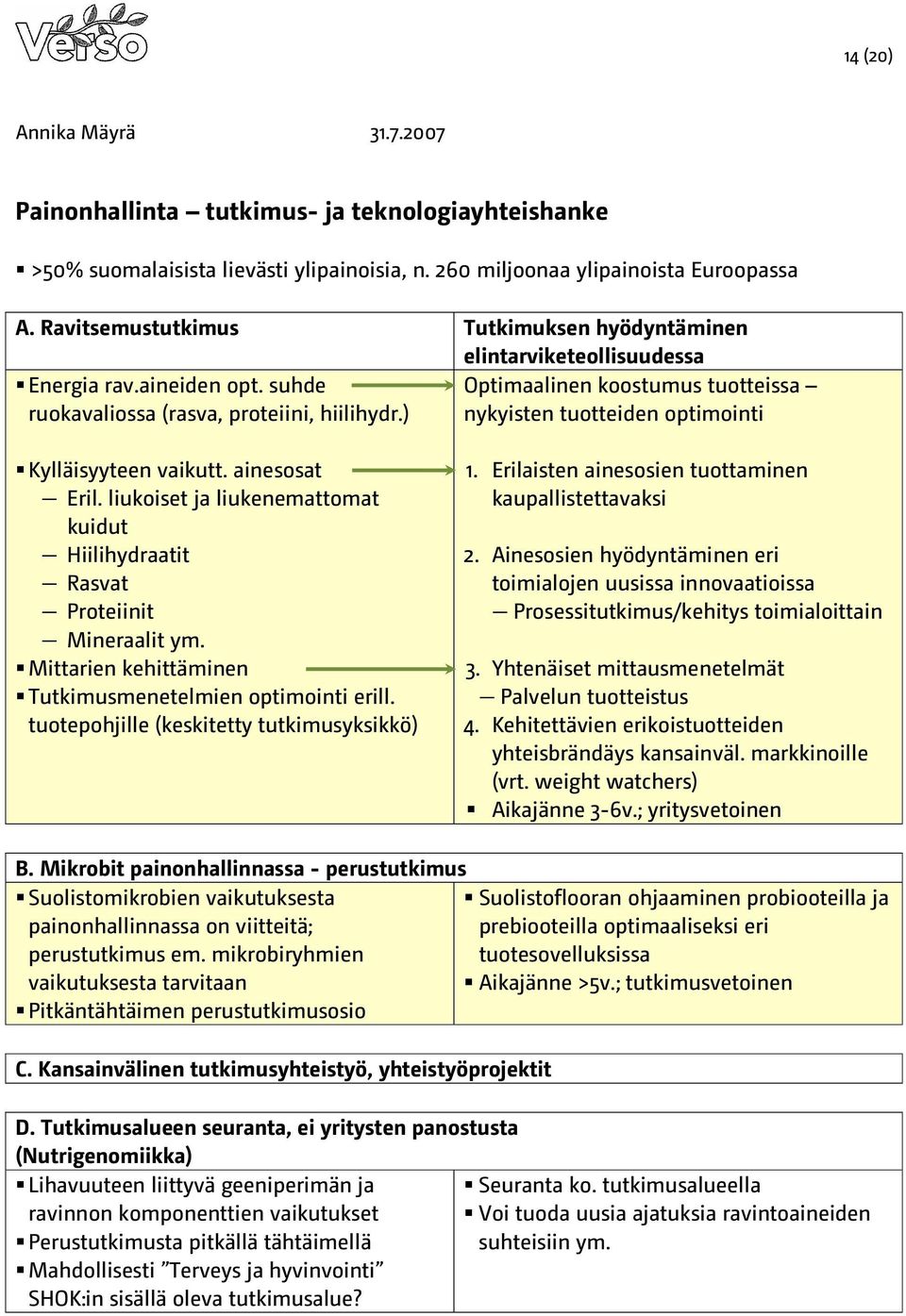 ) nykyisten tuotteiden optimointi Kylläisyyteen vaikutt. ainesosat Eril. liukoiset ja liukenemattomat kuidut Hiilihydraatit Rasvat Proteiinit Mineraalit ym.