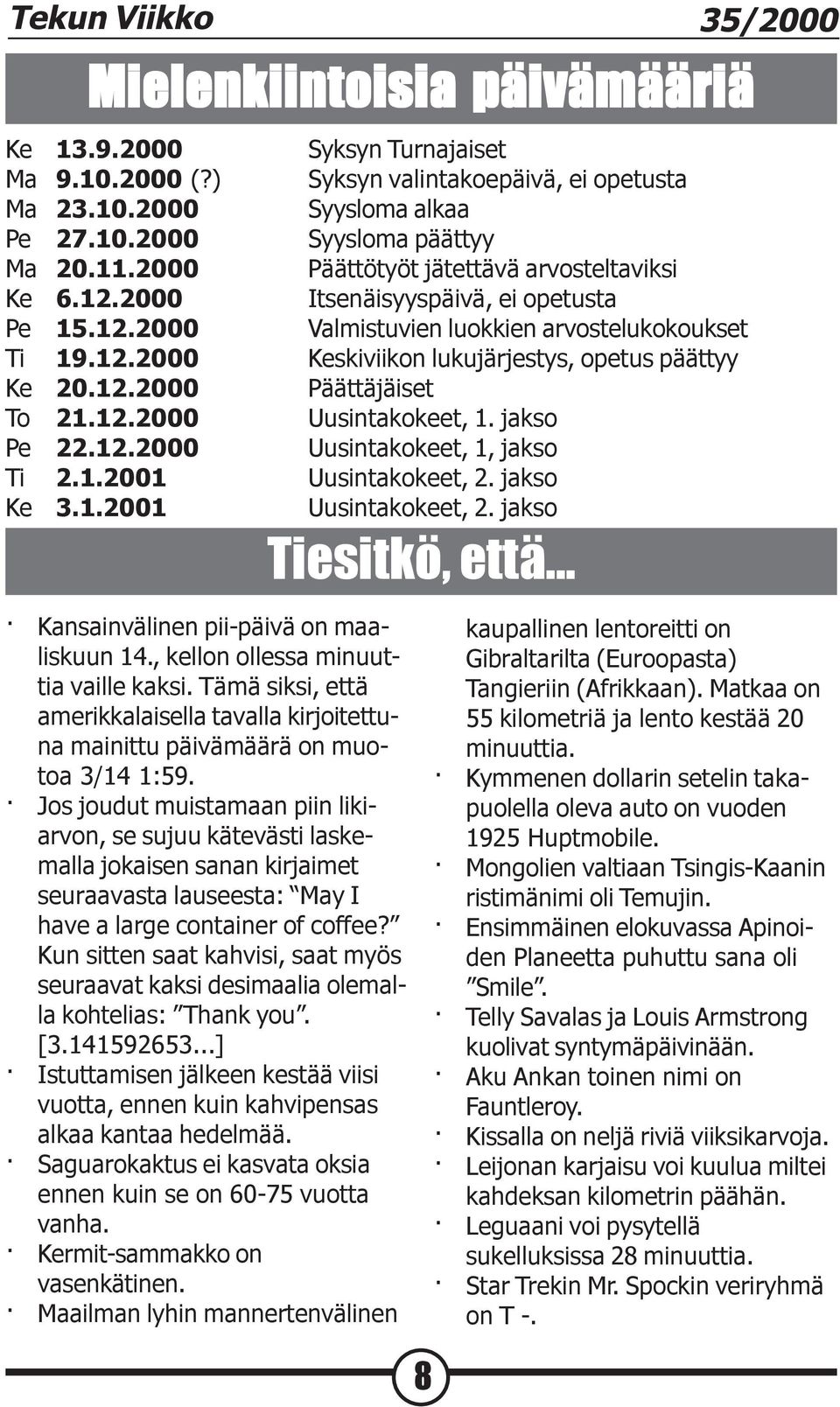 12.2000 Päättäjäiset To 21.12.2000 Uusintakokeet, 1. jakso Pe 22.12.2000 Uusintakokeet, 1, jakso Ti 2.1.2001 Uusintakokeet, 2. jakso Ke 3.1.2001 Uusintakokeet, 2. jakso Tiesitkö, että.