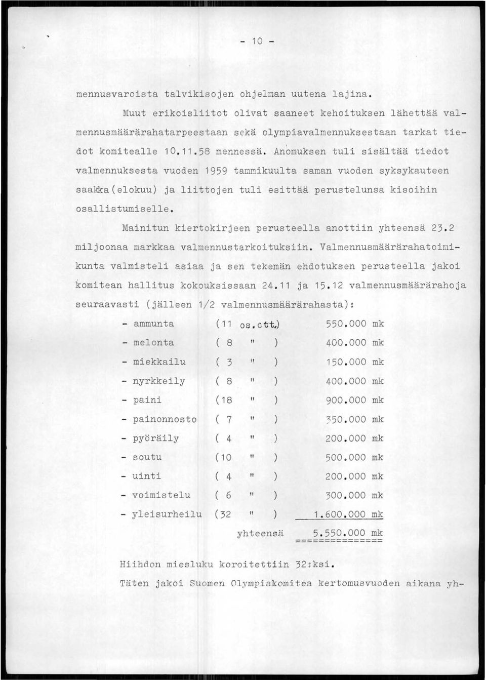 Anomuksen tuli sisältää tiedot valmennuksesta vuoden 1959 tammikuulta saman vuoden syksykauteen saakka (elokuu) ja liittojen tuli esittää perustelunsa kisoihin osallistumiselle.