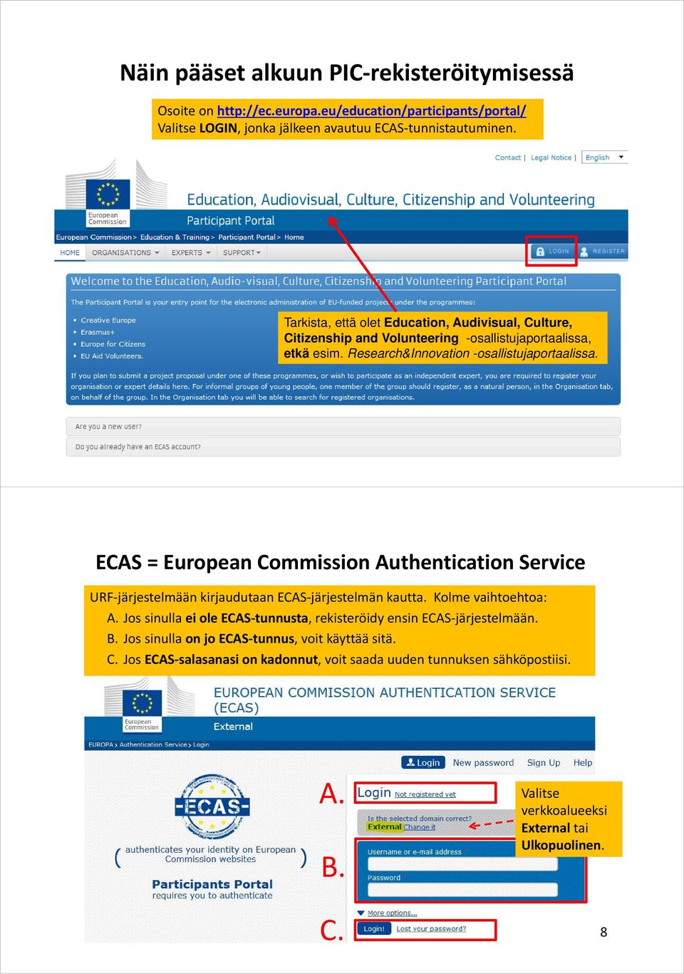 7 ECAS = European Commission Authentication Service URF järjestelmään kirjaudutaan ECAS järjestelmän kautta. Kolme vaihtoehtoa: A.