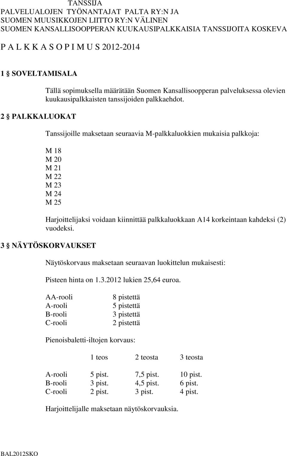 Tanssijoille maksetaan seuraavia M-palkkaluokkien mukaisia palkkoja: M 18 M 20 M 21 M 22 M 23 M 24 M 25 Harjoittelijaksi voidaan kiinnittää palkkaluokkaan A14 korkeintaan kahdeksi (2) vuodeksi.