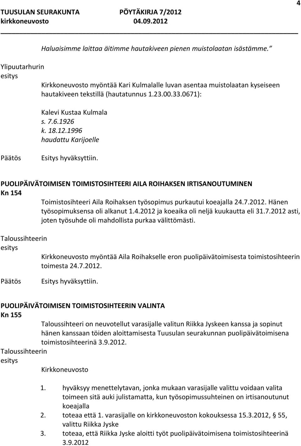 1996 haudattu Karijoelle PUOLIPÄIVÄTOIMISEN TOIMISTOSIHTEERI AILA ROIHAKSEN IRTISANOUTUMINEN Kn 154 Toimistosihteeri Aila Roihaksen työsopimus purkautui koeajalla 24.7.2012.