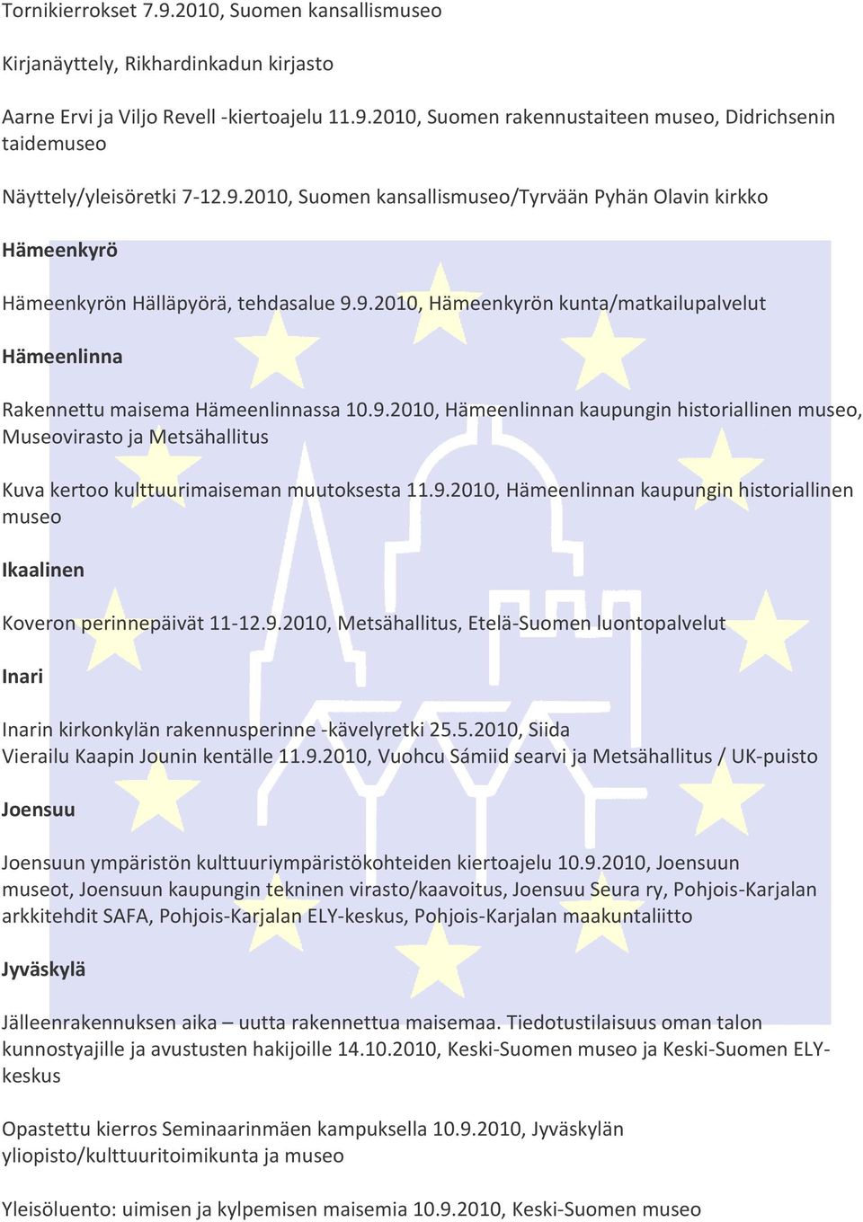 9.2010, Hämeenlinnan kaupungin historiallinen museo Ikaalinen Koveron perinnepäivät 11-12.9.2010, Metsähallitus, Etelä-Suomen luontopalvelut Inari Inarin kirkonkylän rakennusperinne -kävelyretki 25.