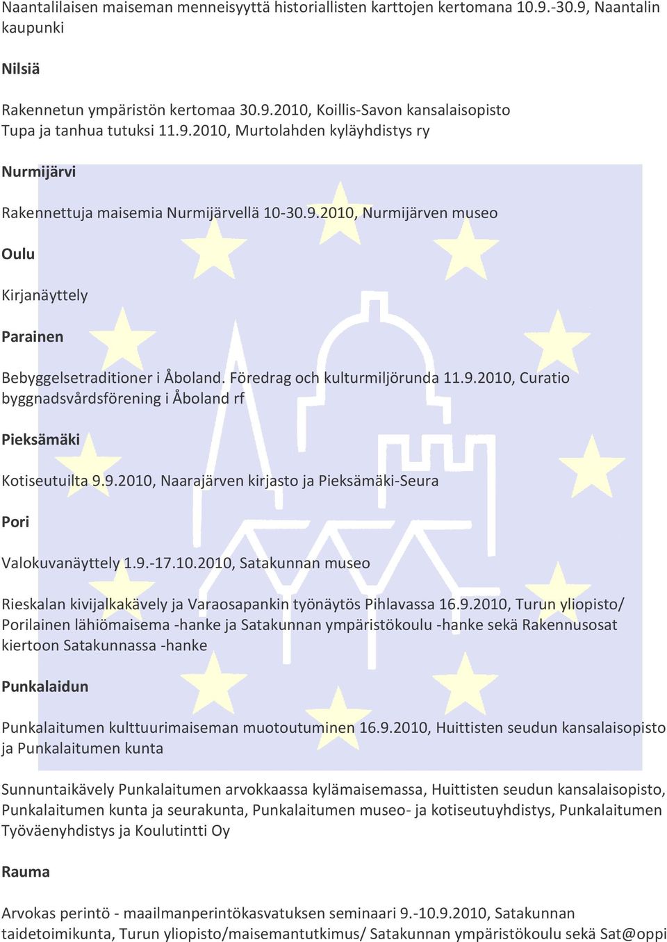 Föredrag och kulturmiljörunda 11.9.2010, Curatio byggnadsvårdsförening i Åboland rf Pieksämäki Kotiseutuilta 9.9.2010, Naarajärven kirjasto ja Pieksämäki-Seura Pori Valokuvanäyttely 1.9.-17.10.2010, Satakunnan museo Rieskalan kivijalkakävely ja Varaosapankin työnäytös Pihlavassa 16.