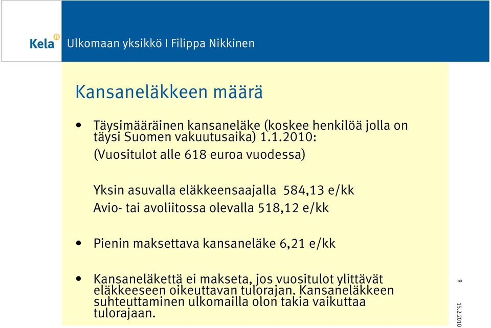 avoliitossa olevalla 518,12 e/kk Pienin maksettava kansaneläke 6,21 e/kk Kansaneläkettä ei makseta, jos