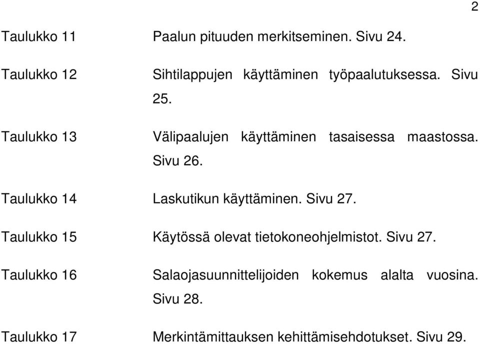 Välipaalujen käyttäminen tasaisessa maastossa. Sivu 26. Taulukko 14 Laskutikun käyttäminen. Sivu 27.