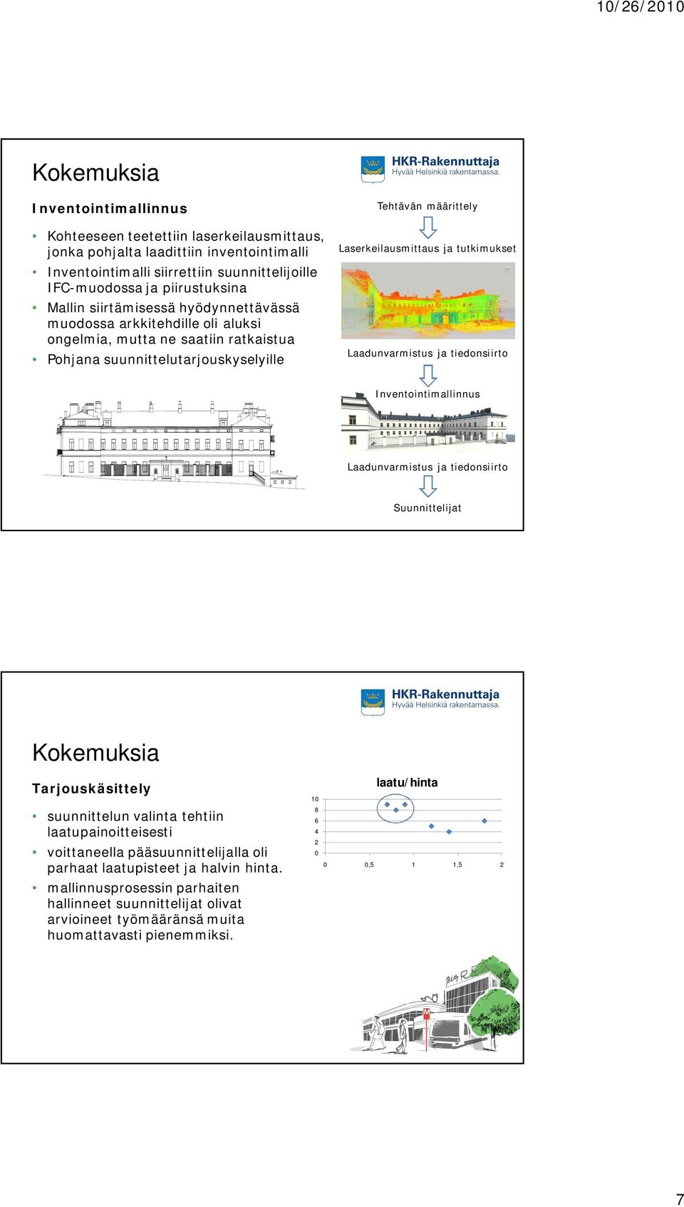 Laadunvarmistus ja tiedonsiirto Inventointimallinnus Laadunvarmistus ja tiedonsiirto Suunnittelijat Tarjouskäsittely suunnittelun valinta tehtiin laatupainoitteisesti voittaneella