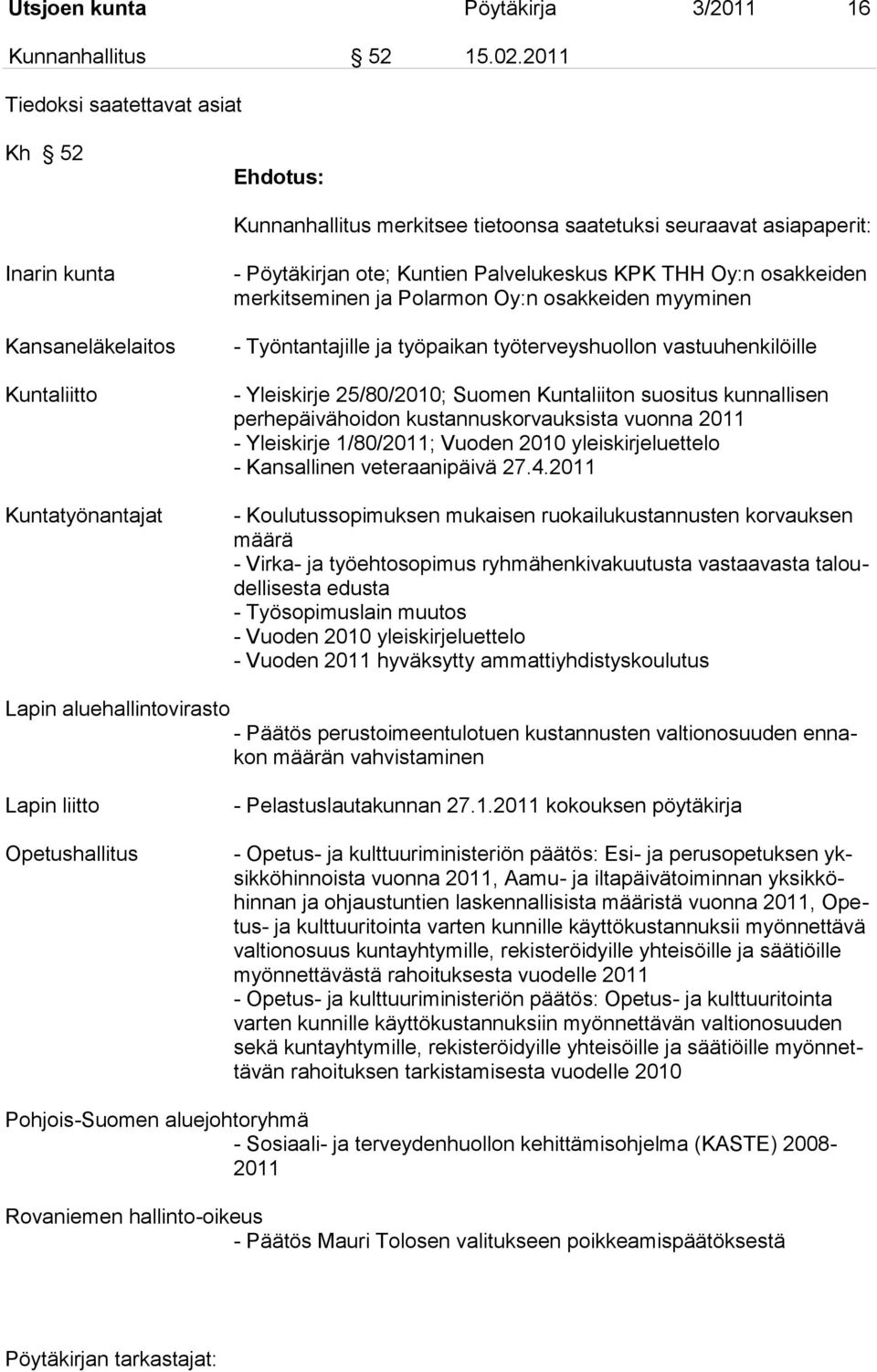 Palvelukeskus KPK THH Oy:n osakkeiden merkitseminen ja Polarmon Oy:n osakkeiden myyminen - Työntantajille ja työpaikan työterveyshuollon vastuuhenkilöille - Yleiskirje 25/80/2010; Suomen Kuntaliiton