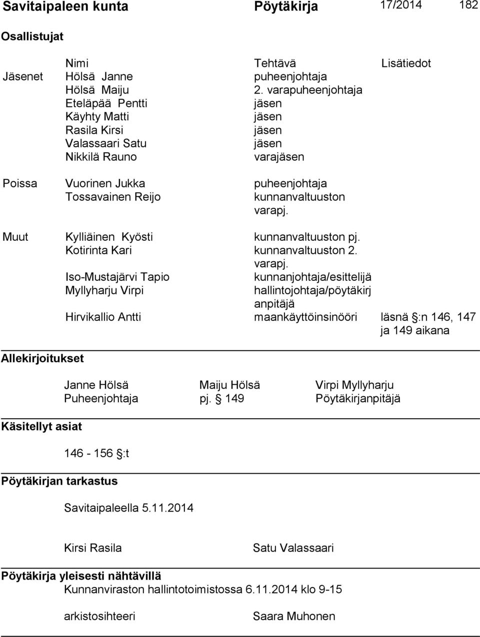 varapj. Muut Kylliäinen Kyösti kunnanvaltuuston pj. Kotirinta Kari kunnanvaltuuston 2. varapj.