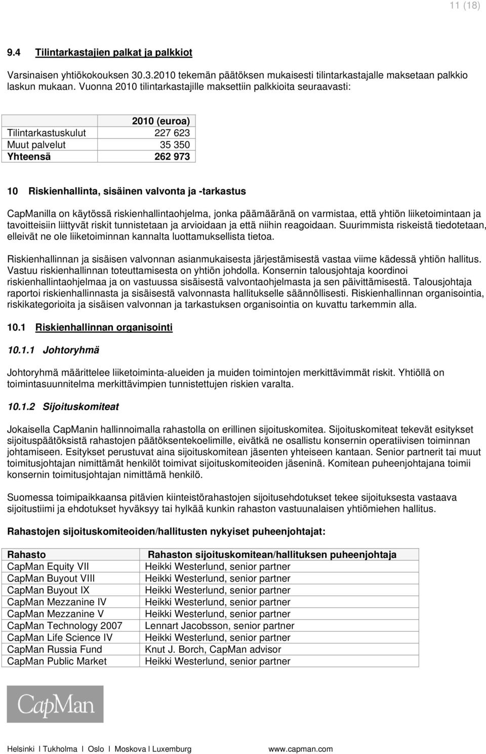 CapManilla on käytössä riskienhallintaohjelma, jonka päämääränä on varmistaa, että yhtiön liiketoimintaan ja tavoitteisiin liittyvät riskit tunnistetaan ja arvioidaan ja että niihin reagoidaan.