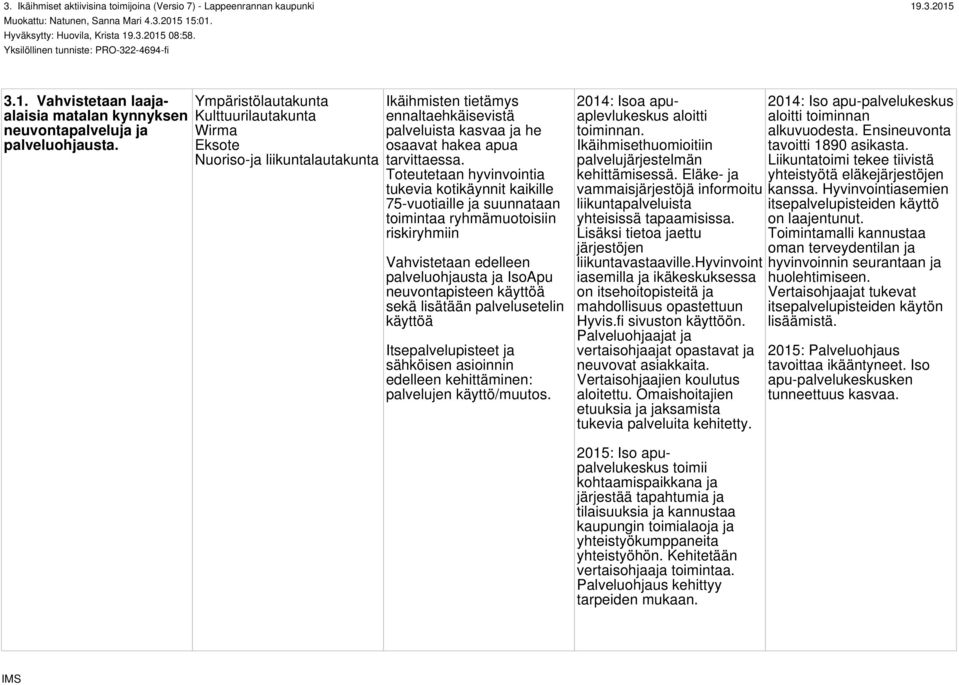 Ympäristölautakunta Kulttuurilautakunta Wirma Eksote Nuoriso-ja liikuntalautakunta Ikäihmisten tietämys ennaltaehkäisevistä palveluista kasvaa ja he osaavat hakea apua tarvittaessa.