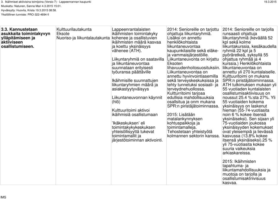 Kulttuurilautakunta Eksote Nuoriso-ja liikuntalautakunta Lappeenrantalaisten ikäihmisten toimintakyky kohenee ja osallistuvien ikäihmisten määrä kasvaa ja koettu yksinäisyys vähenee (ATH).