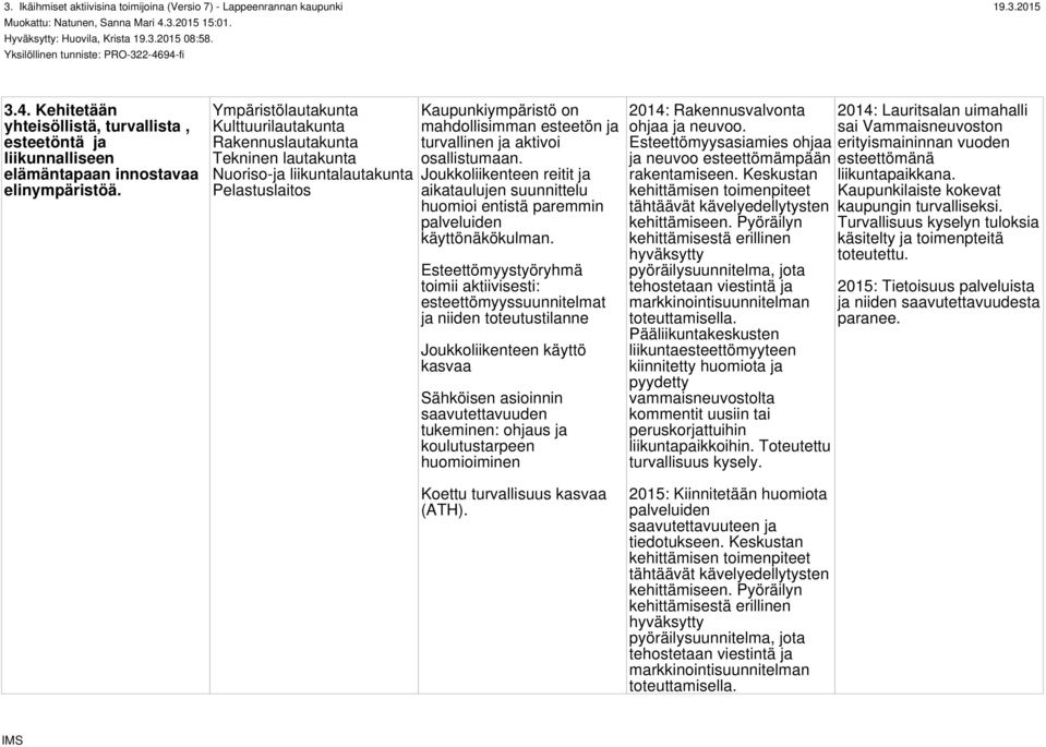 Ympäristölautakunta Kulttuurilautakunta Rakennuslautakunta Tekninen lautakunta Nuoriso-ja liikuntalautakunta Pelastuslaitos Kaupunkiympäristö on mahdollisimman esteetön ja turvallinen ja aktivoi