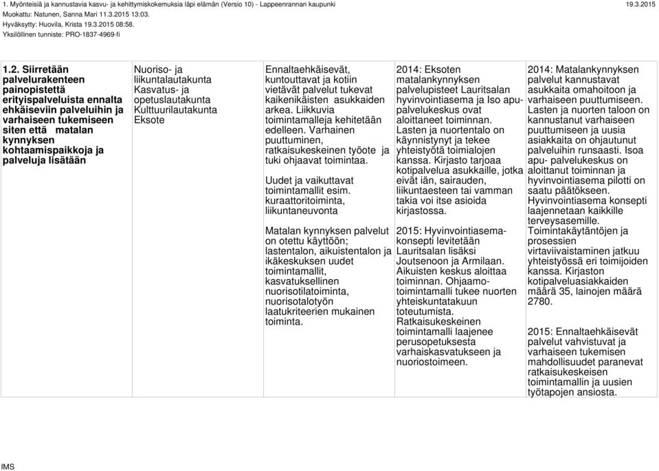 Siirretään palvelurakenteen painopistettä erityispalveluista ennalta ehkäiseviin palveluihin ja varhaiseen tukemiseen siten että matalan kynnyksen kohtaamispaikkoja ja palveluja lisätään Nuoriso- ja