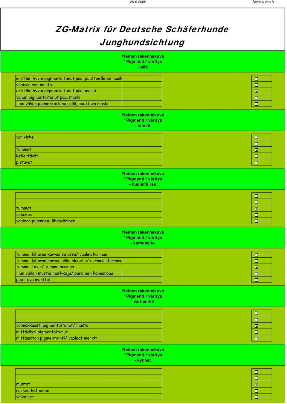 karvapeite tumma, kiharaa karvaa selässä/ vaalea harmaa tumma, kiharaa karvaa sään alueella/ normaali harmaa tumma, tiivis/ tumma harmaa liian vähän mustia merkkejä/