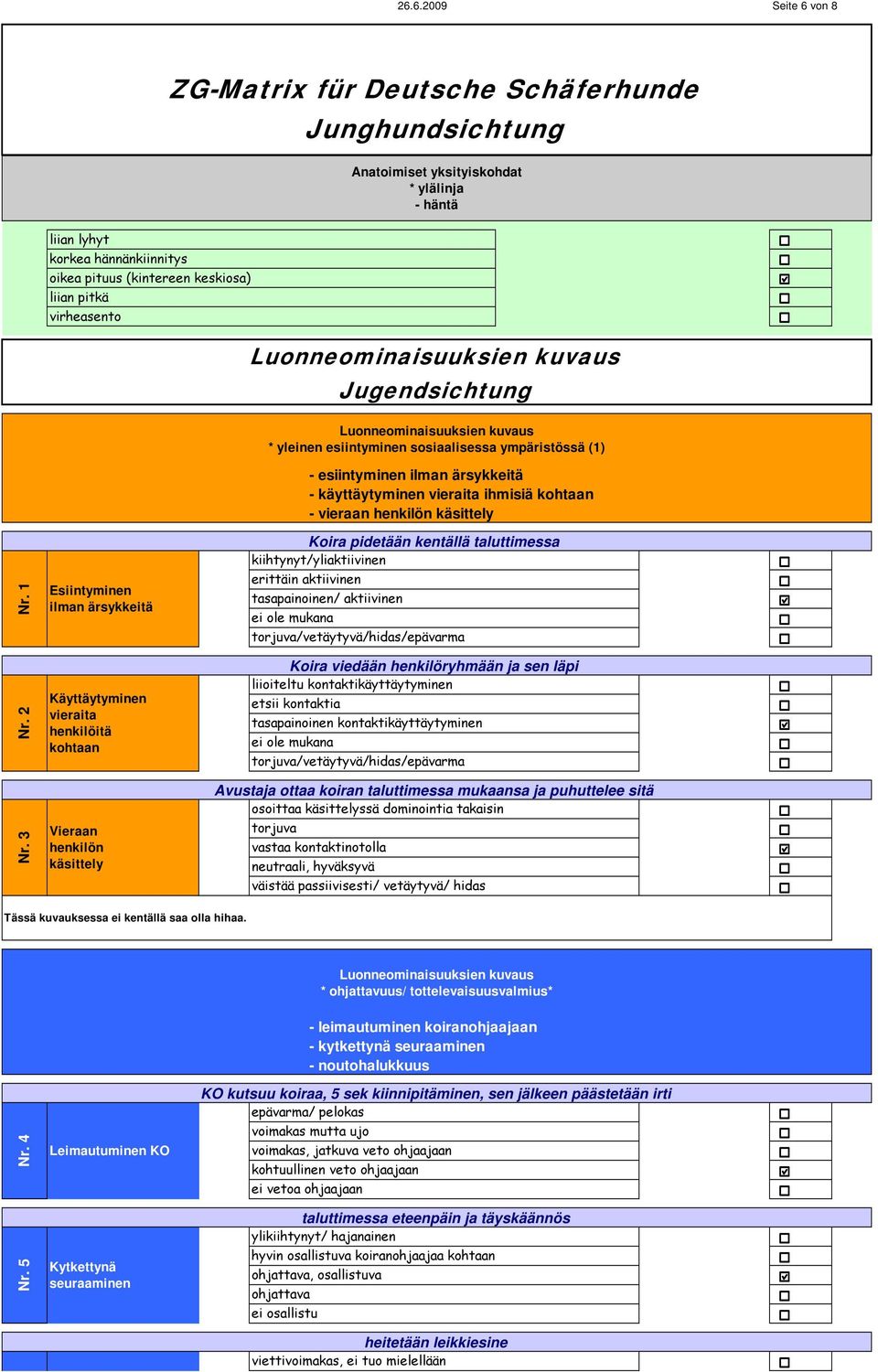 3 Esiintyminen ilman ärsykkeitä Käyttäytyminen vieraita henkilöitä kohtaan Vieraan henkilön käsittely Koira pidetään kentällä taluttimessa kiihtynyt/yliaktiivinen erittäin aktiivinen tasapainoinen/