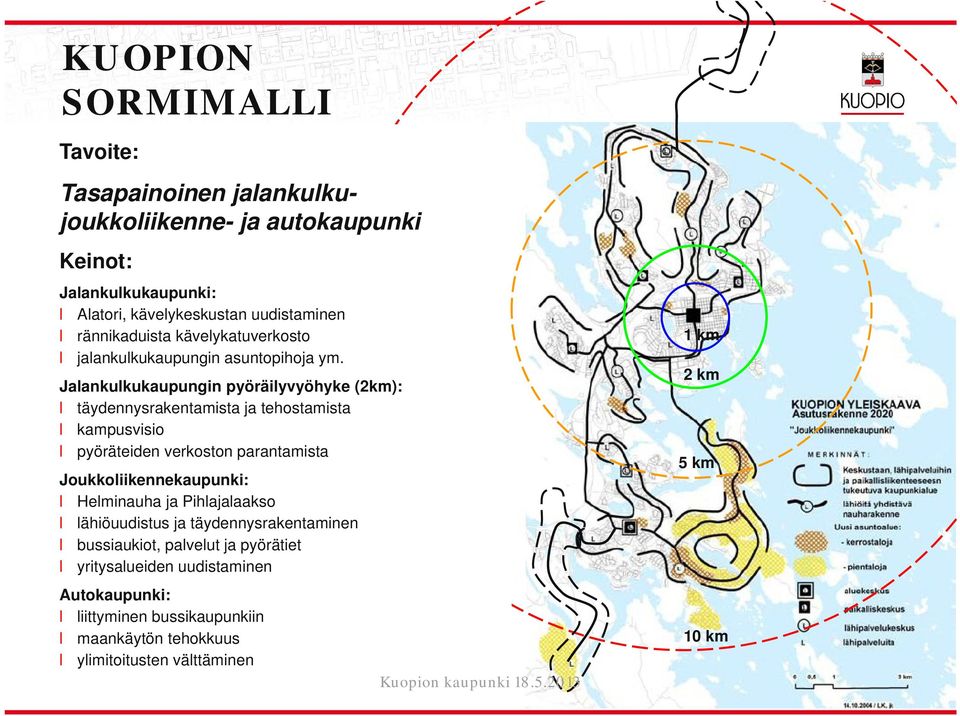 Jalankulkukaupungin pyöräilyvyöhyke (2km): l täydennysrakentamista ja tehostamista l kampusvisio l pyöräteiden verkoston parantamista Joukkoliikennekaupunki: l