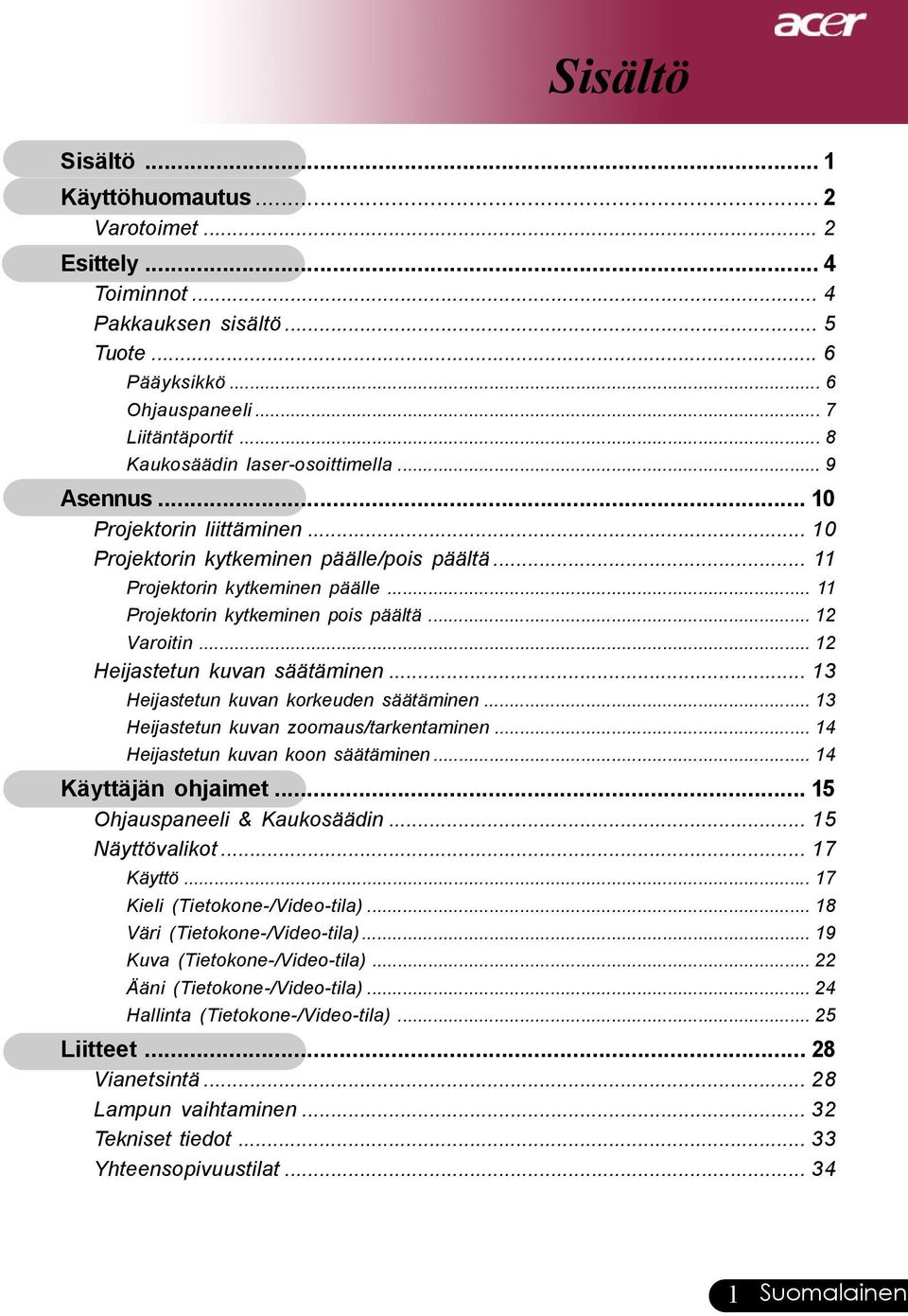 .. 11 Projektorin kytkeminen pois päältä... 12 Varoitin... 12 Heijastetun kuvan säätäminen... 13 Heijastetun kuvan korkeuden säätäminen... 13 Heijastetun kuvan zoomaus/tarkentaminen.