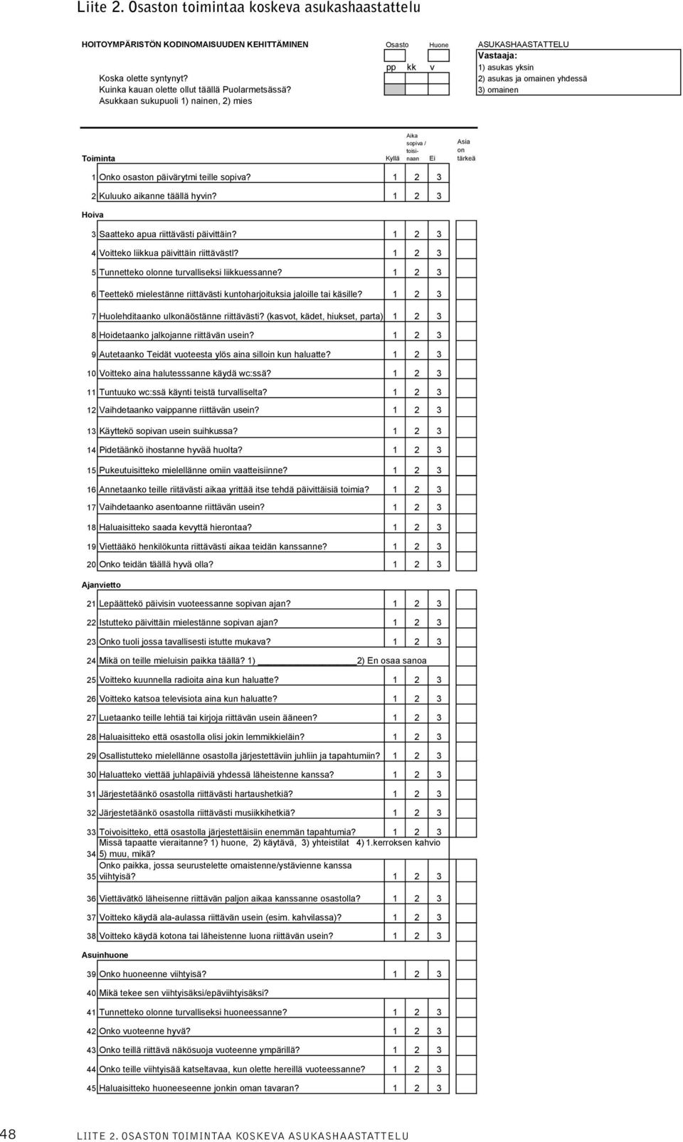 3) omainen Asukkaan sukupuoli ) nainen, 2) mies Aika Aika sopiva / sopiva Asia Asia toisinaan toisinaan Ei on on Toiminta Ei tärkeä tärkeä Asia Asia Onko osaston päivärytmi teille sopiva?