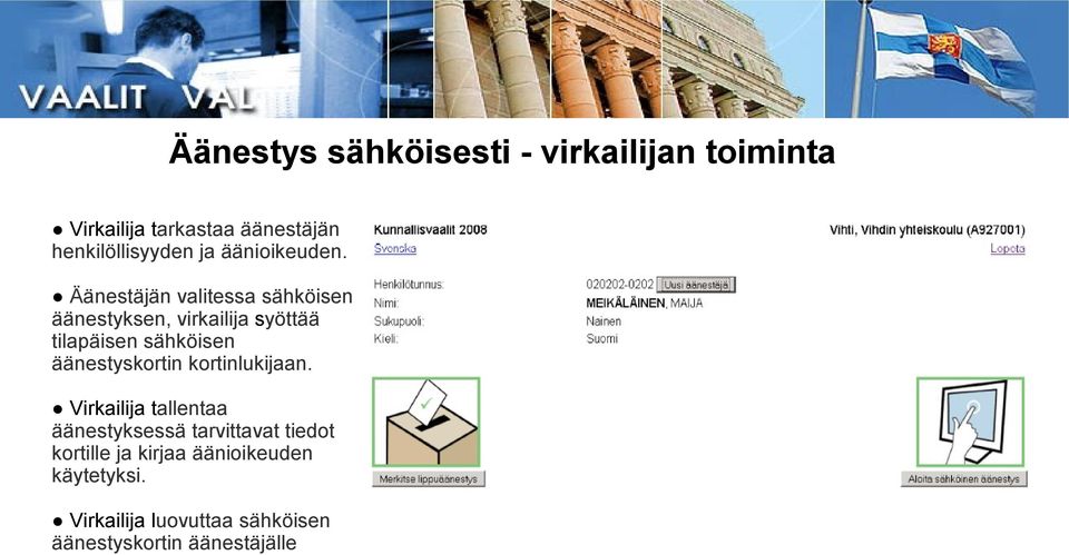 Äänestäjän valitessa sähköisen äänestyksen, virkailija syöttää tilapäisen sähköisen