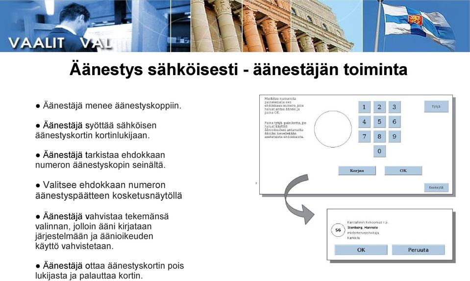 Äänestäjä tarkistaa ehdokkaan numeron äänestyskopin seinältä.