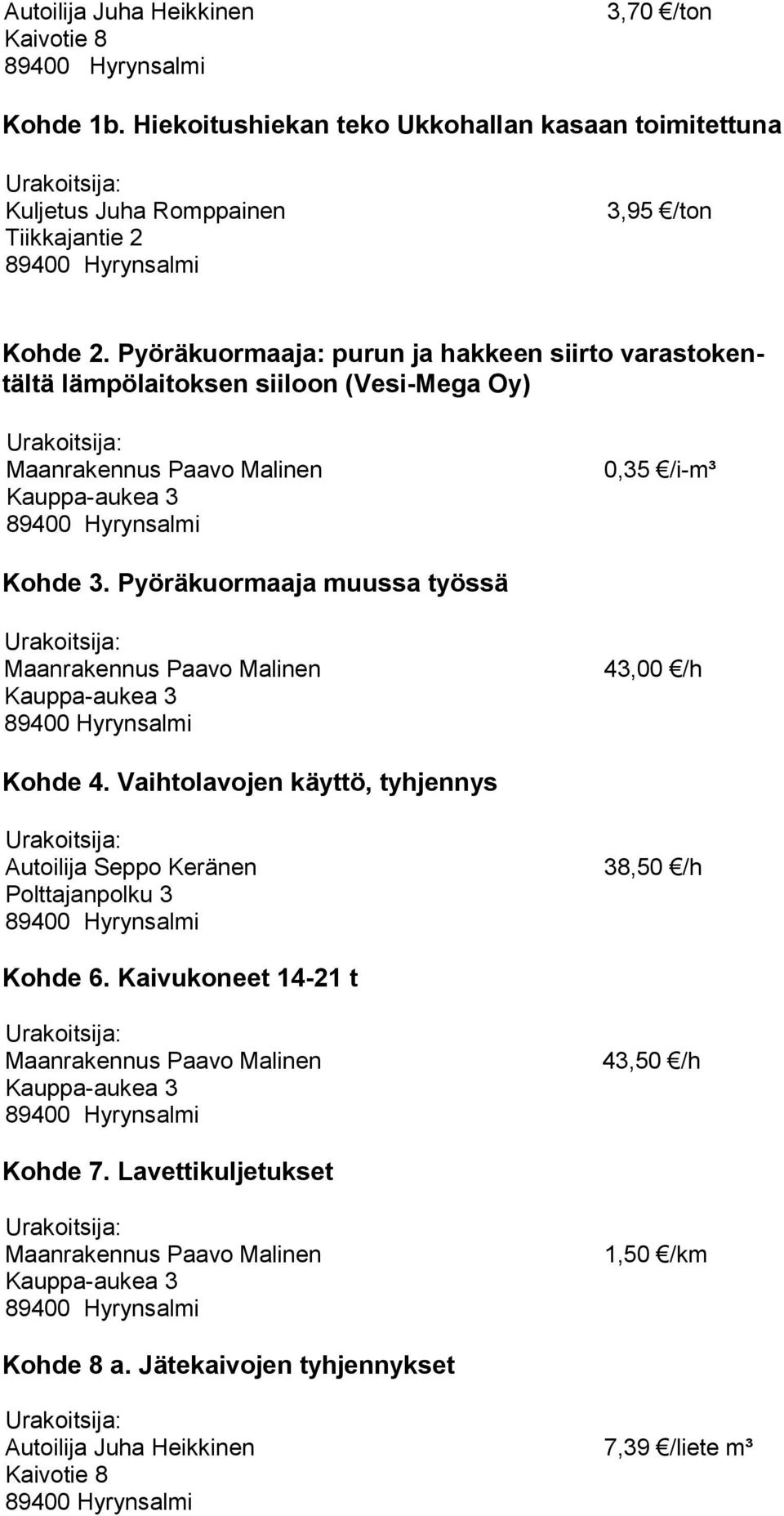 Pyöräkuormaaja muussa työssä 43,00 /h Kohde 4.