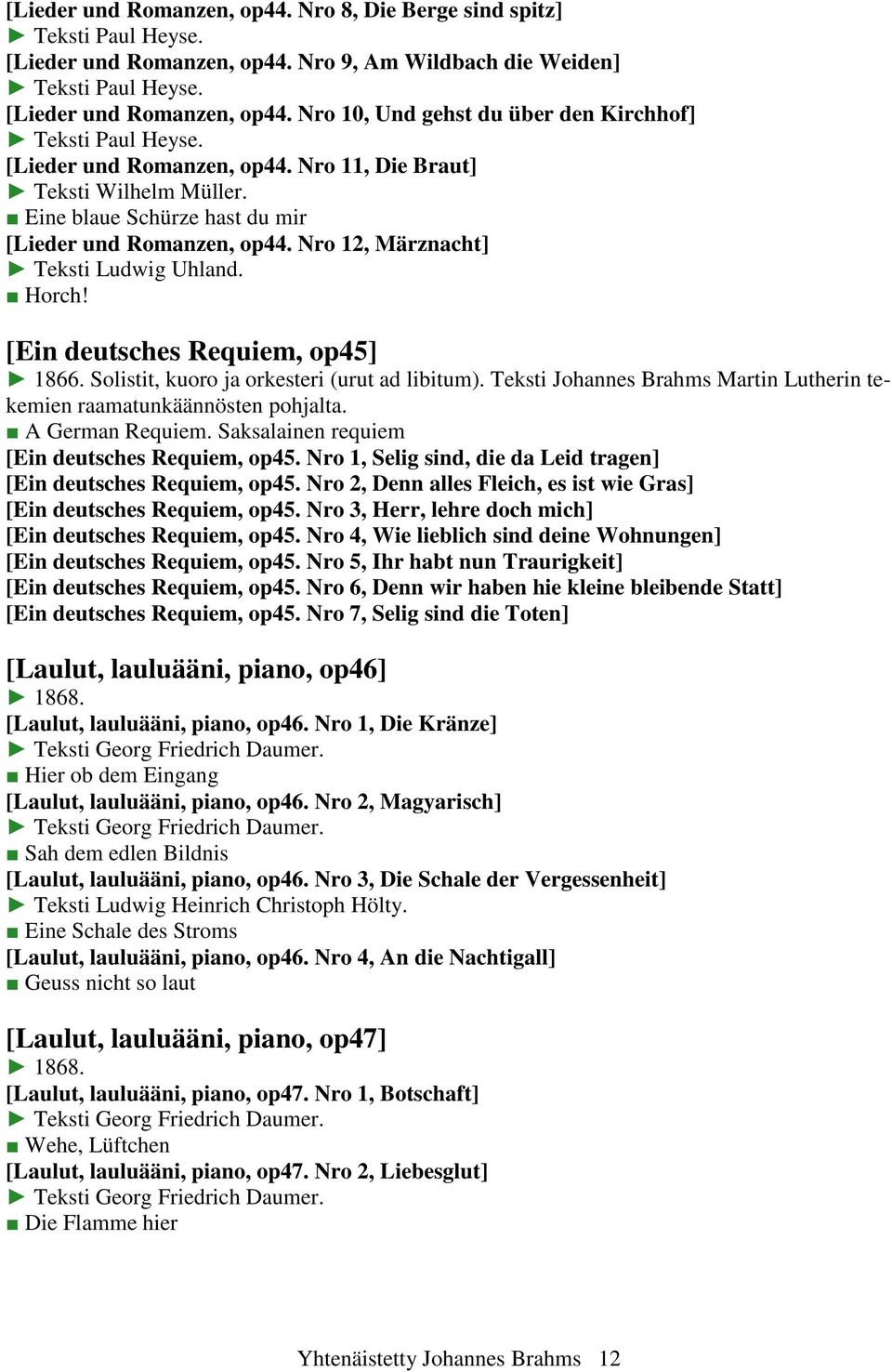 [Ein deutsches Requiem, op45] 1866. Solistit, kuoro ja orkesteri (urut ad libitum). Teksti Johannes Brahms Martin Lutherin tekemien raamatunkäännösten pohjalta. A German Requiem.