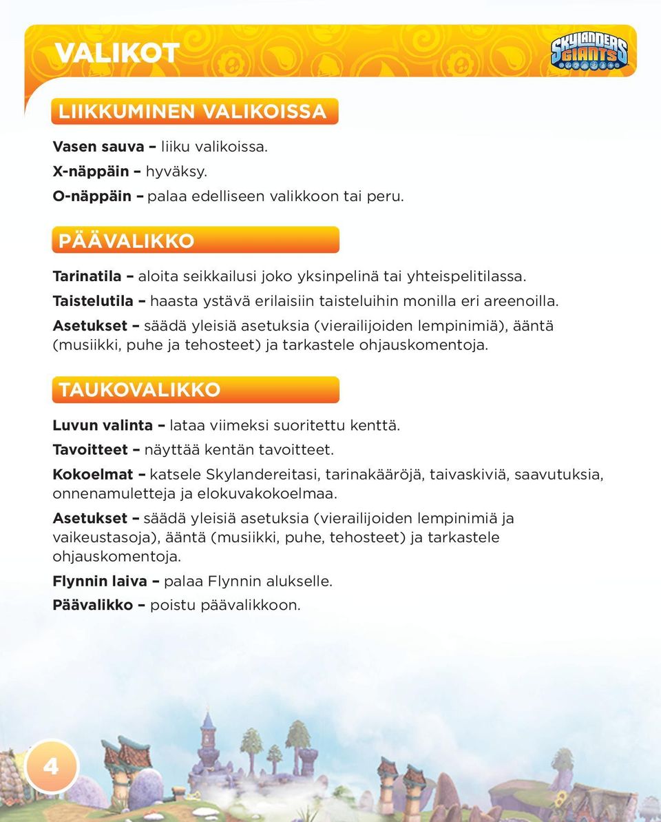 Asetukset säädä yleisiä asetuksia (vierailijoiden lempinimiä), ääntä (musiikki, puhe ja tehosteet) ja tarkastele ohjauskomentoja. TAUKOVALIKKO Luvun valinta lataa viimeksi suoritettu kenttä.