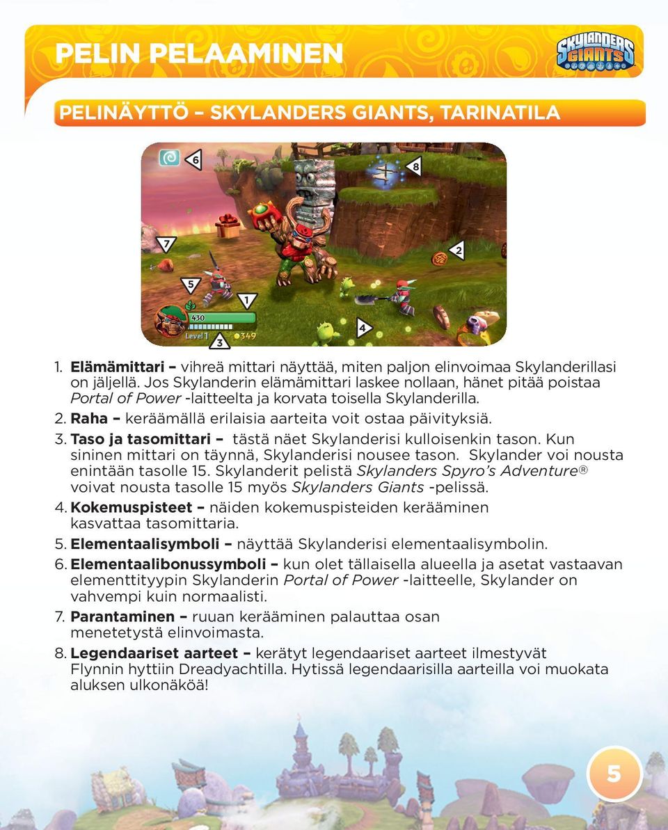 Taso ja tasomittari tästä näet Skylanderisi kulloisenkin tason. Kun sininen mittari on täynnä, Skylanderisi nousee tason. Skylander voi nousta enintään tasolle 15.