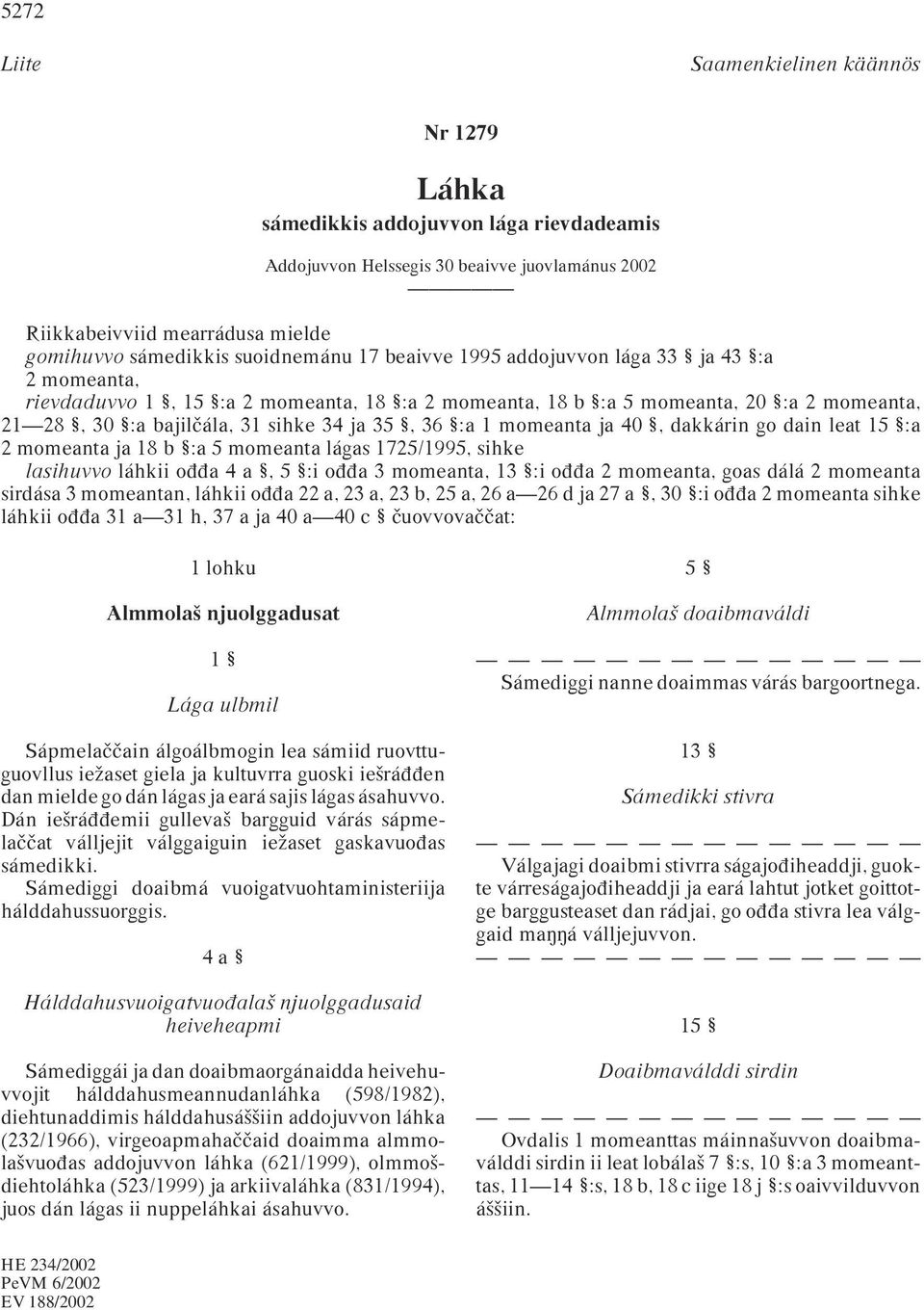 36 :a 1 momeanta ja 40, dakkárin go dain leat 15 :a 2 momeanta ja 18 b :a 5 momeanta lágas 1725/1995, sihke lasihuvvo láhkii oππa 4 a, 5 :i oππa 3 momeanta, 13 :i oππa 2 momeanta, goas dálá 2