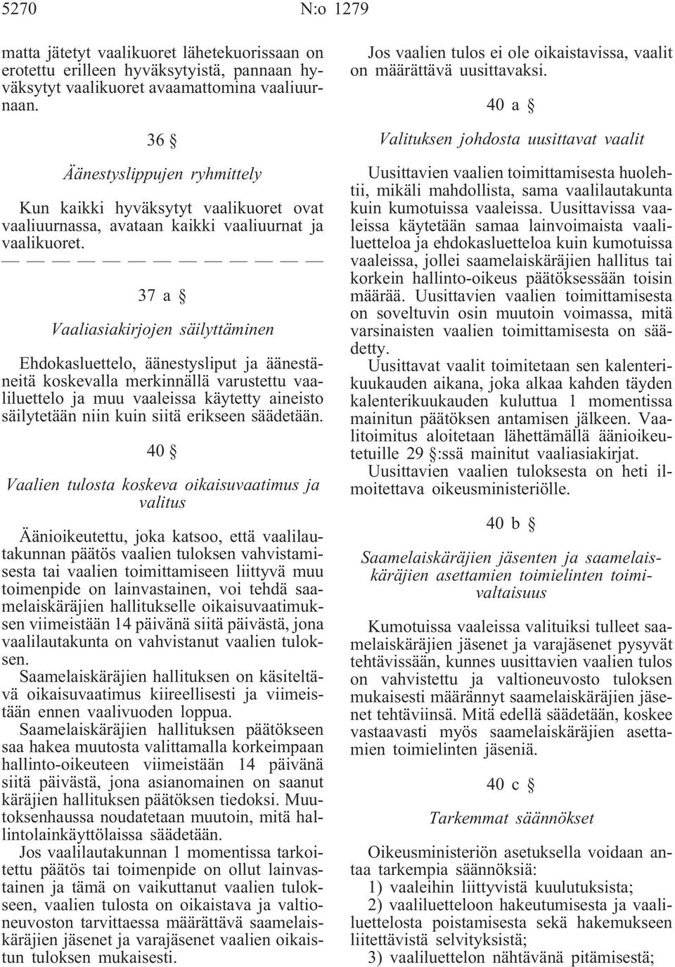 37a Vaaliasiakirjojen säilyttäminen Ehdokasluettelo, äänestysliput ja äänestäneitä koskevalla merkinnällä varustettu vaaliluettelo ja muu vaaleissa käytetty aineisto säilytetään niin kuin siitä