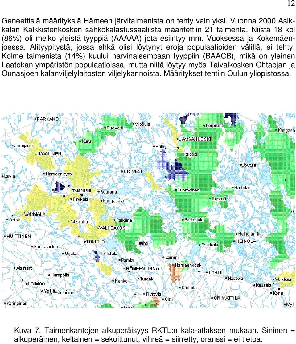 Kolme taimenista (14%) kuului harvinaisempaan tyyppiin (BAACB), mikä on yleinen Laatokan ympäristön populaatioissa, mutta niitä löytyy myös Taivalkosken Ohtaojan ja Ounasjoen