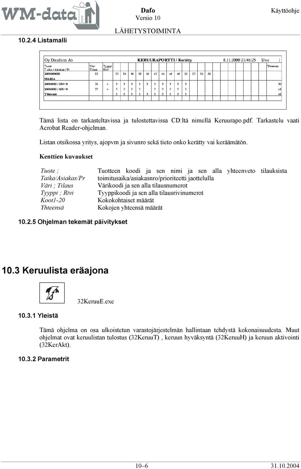 Kenttien kuvaukset Tuote ; Taika/Asiakas/Pr Väri ; Tilaus Tyyppi ; Rivi Koot1-20 Yhteensä Tuotteen koodi ja sen nimi ja sen alla yhteenveto tilauksista toimitusaika/asiakasnro/prioriteetti