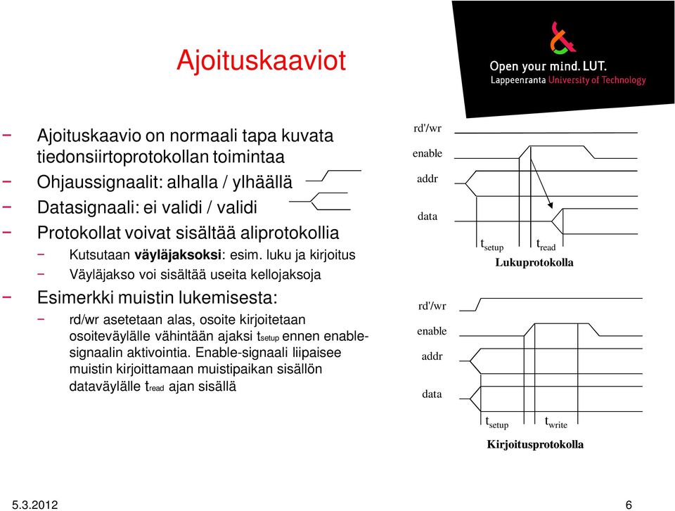 luku ja kirjoitus Väyläjakso voi sisältää useita kellojaksoja Esimerkki muistin lukemisesta: rd/wr asetetaan alas, osoite kirjoitetaan osoiteväylälle vähintään ajaksi