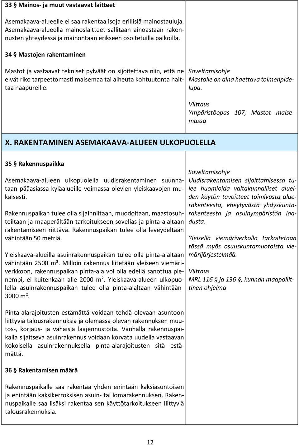 34 Mastojen rakentaminen Mastot ja vastaavat tekniset pylväät on sijoitettava niin, että ne eivät riko tarpeettomasti maisemaa tai aiheuta kohtuutonta haittaa naapureille.