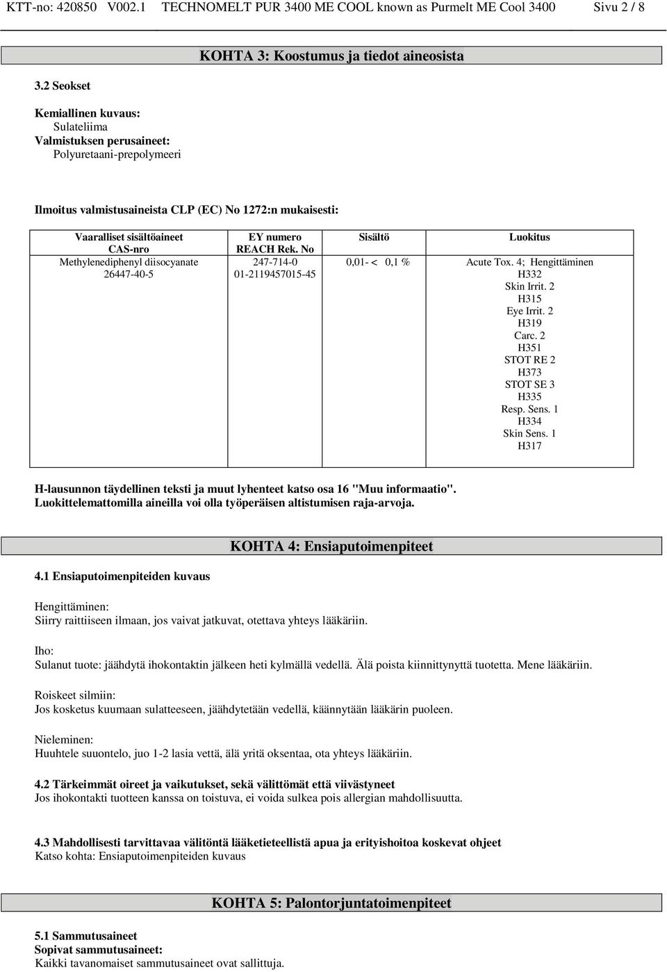 numero REACH Rek. No 247-714-0 01-2119457015-45 Sisältö Luokitus 0,01- < 0,1 % Acute Tox. 4; Hengittäminen H332 Skin Irrit. 2 H315 Eye Irrit. 2 H319 Carc. 2 H351 STOT RE 2 H373 STOT SE 3 H335 Resp.