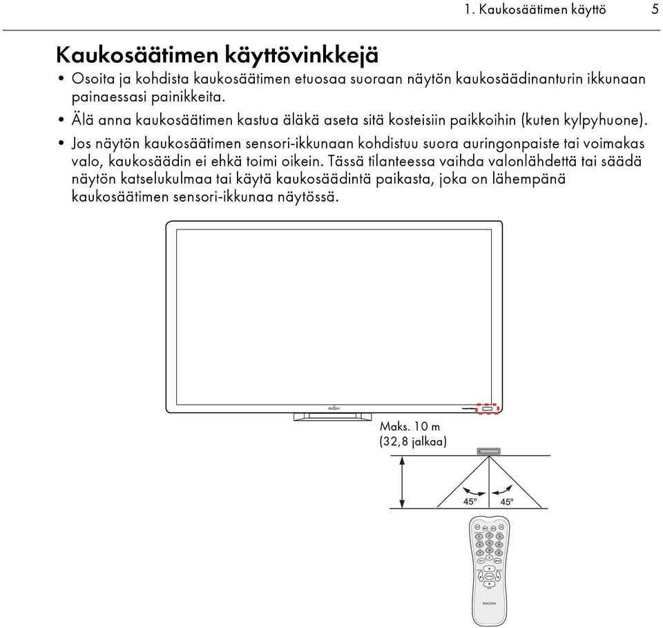 Jos näytön kaukosäätimen sensori-ikkunaan kohdistuu suora auringonpaiste tai voimakas valo, kaukosäädin ei ehkä toimi oikein.