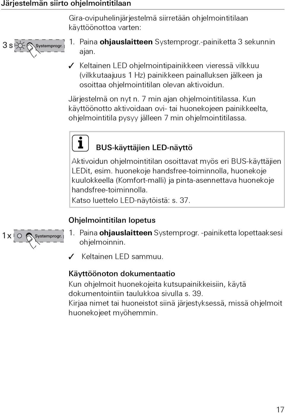 7 min ajan ohjelmointitilassa. Kun käyttöönotto aktivoidaan ovi- tai huonekojeen painikkeelta, ohjelmointitila pysyy jälleen 7 min ohjelmointitilassa.