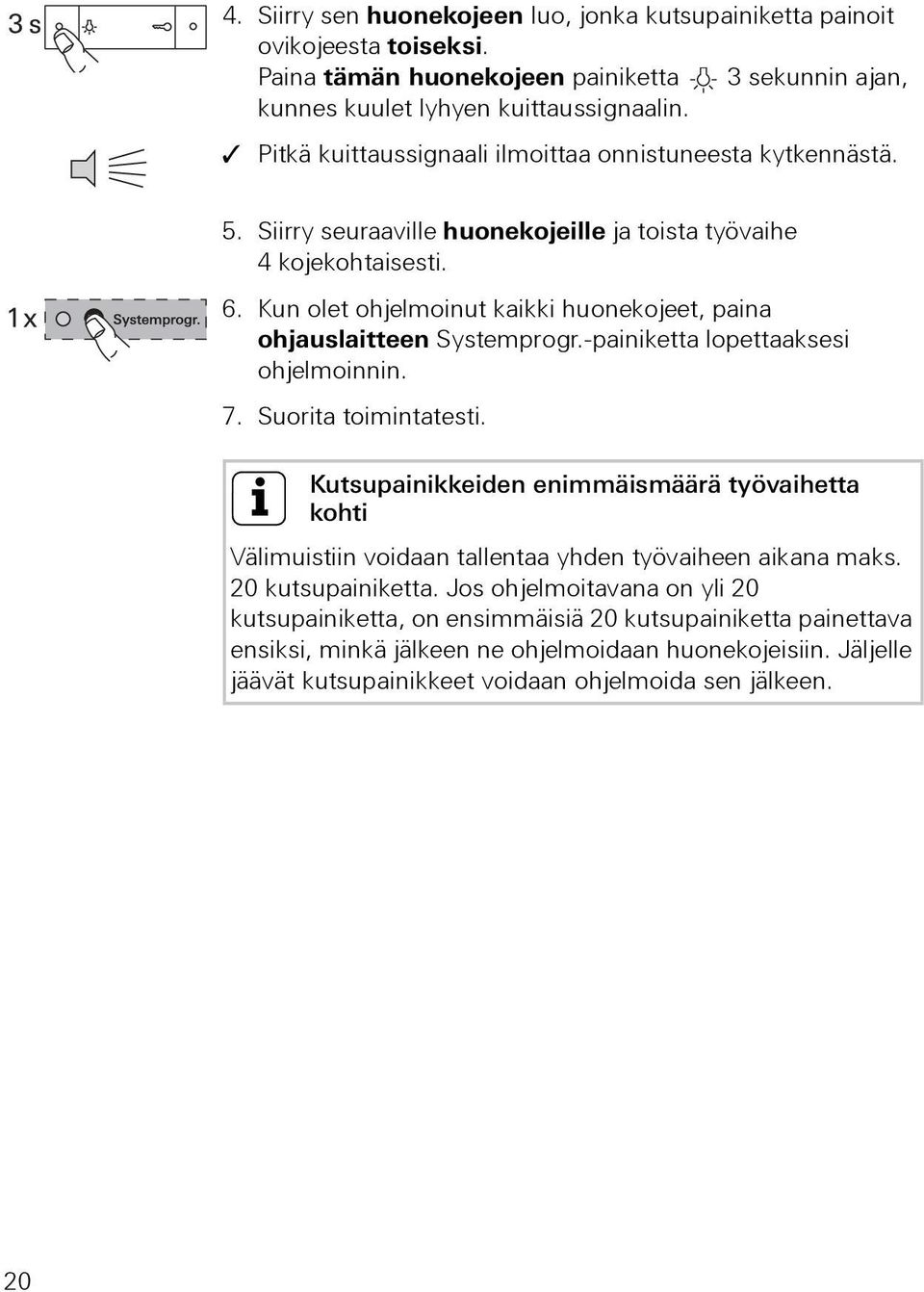 Kun olet ohjelmoinut kaikki huonekojeet, paina ohjauslaitteen Systemprogr.-painiketta lopettaaksesi ohjelmoinnin. 7. Suorita toimintatesti.