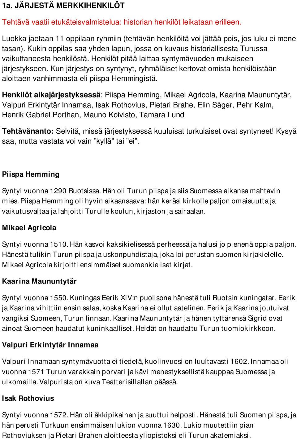 Henkilöt pitää laittaa syntymävuoden mukaiseen järjestykseen. Kun järjestys on syntynyt, ryhmäläiset kertovat omista henkilöistään aloittaen vanhimmasta eli piispa Hemmingistä.