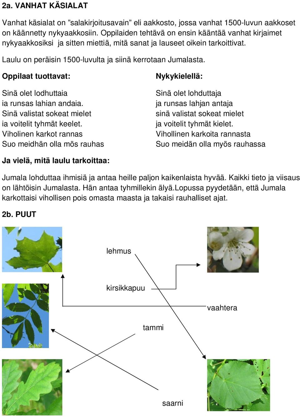 Oppilaat tuottavat: Sinä olet lodhuttaia ia runsas lahian andaia. Sinä valistat sokeat mielet ia voitelit tyhmät keelet.