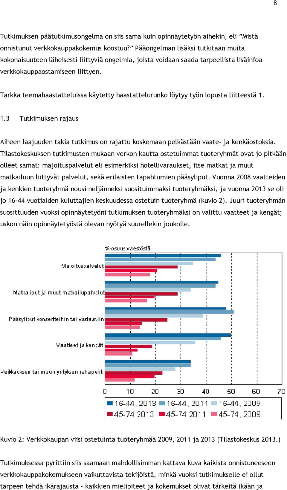 Tarkka teemahaastatteluissa käytetty haastattelurunko löytyy työn lopusta liitteestä 1. 1.3 Tutkimuksen rajaus Aiheen laajuuden takia tutkimus on rajattu koskemaan pelkästään vaate- ja kenkäostoksia.