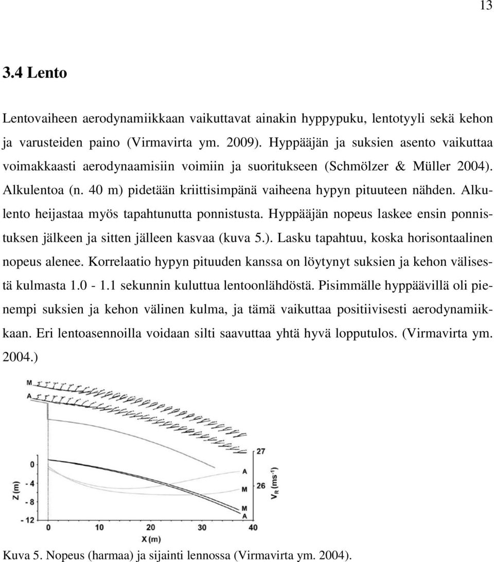 Alkulento heijastaa myös tapahtunutta ponnistusta. Hyppääjän nopeus laskee ensin ponnistuksen jälkeen ja sitten jälleen kasvaa (kuva 5.). Lasku tapahtuu, koska horisontaalinen nopeus alenee.