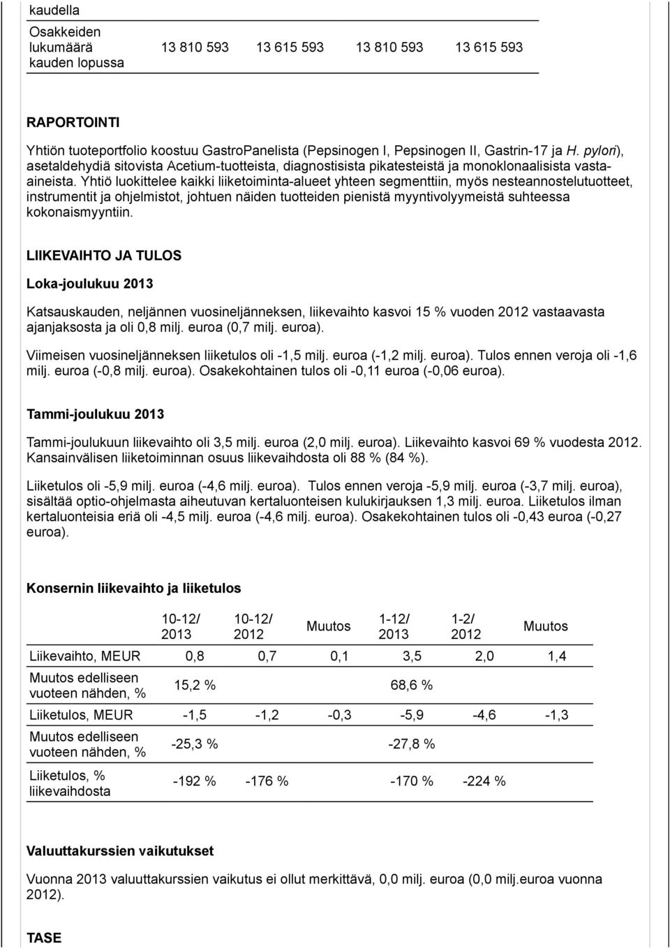 Yhtiö luokittelee kaikki liiketoiminta-alueet yhteen segmenttiin, myös nesteannostelutuotteet, instrumentit ja ohjelmistot, johtuen näiden tuotteiden pienistä myyntivolyymeistä suhteessa