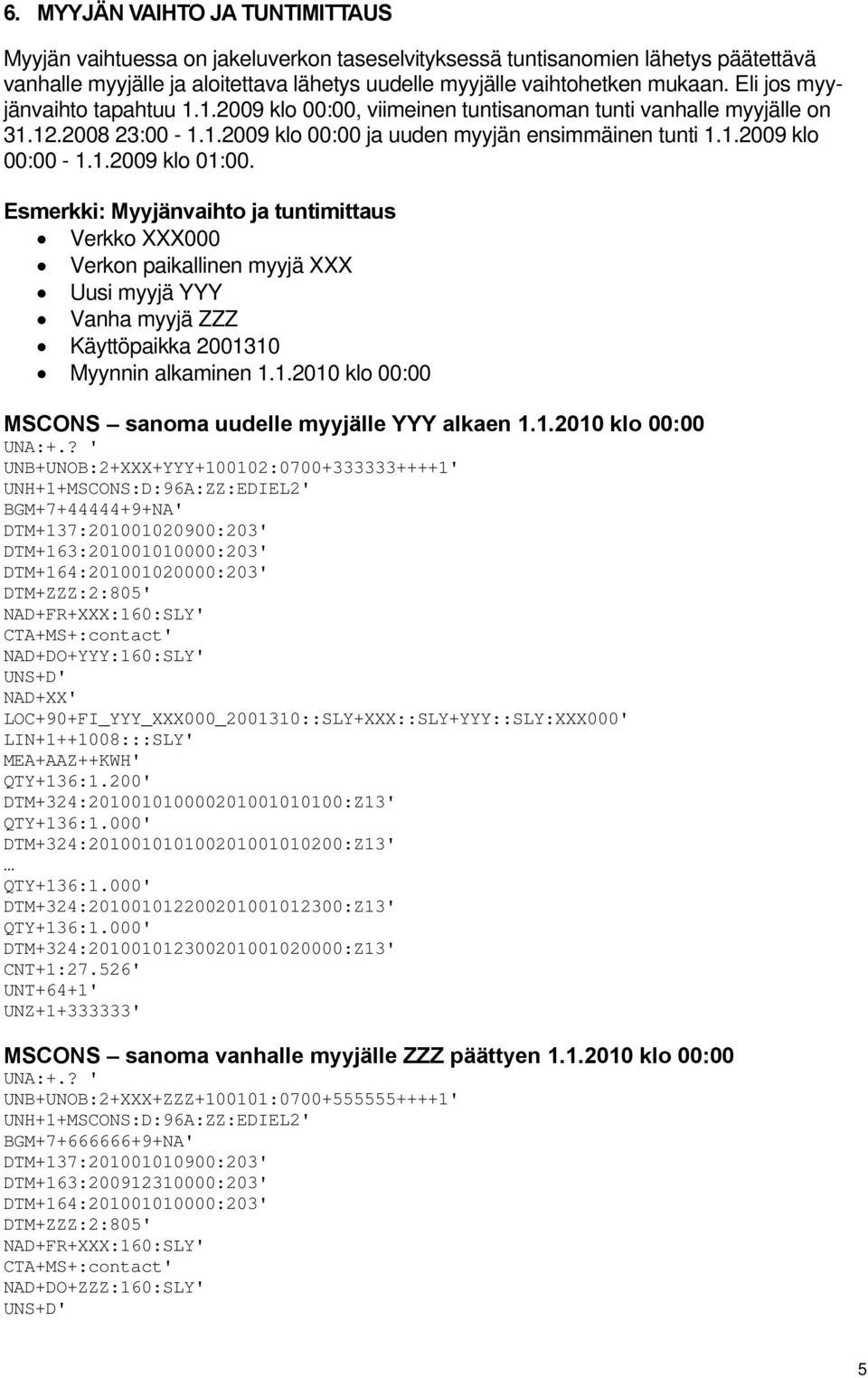 Esmerkki: Myyjänvaihto ja tuntimittaus Verkko XXX000 Verkon paikallinen myyjä XXX Uusi myyjä YYY Vanha myyjä ZZZ Käyttöpaikka 2001310 Myynnin alkaminen 1.1.2010 klo 00:00 MSCONS sanoma uudelle myyjälle YYY alkaen 1.