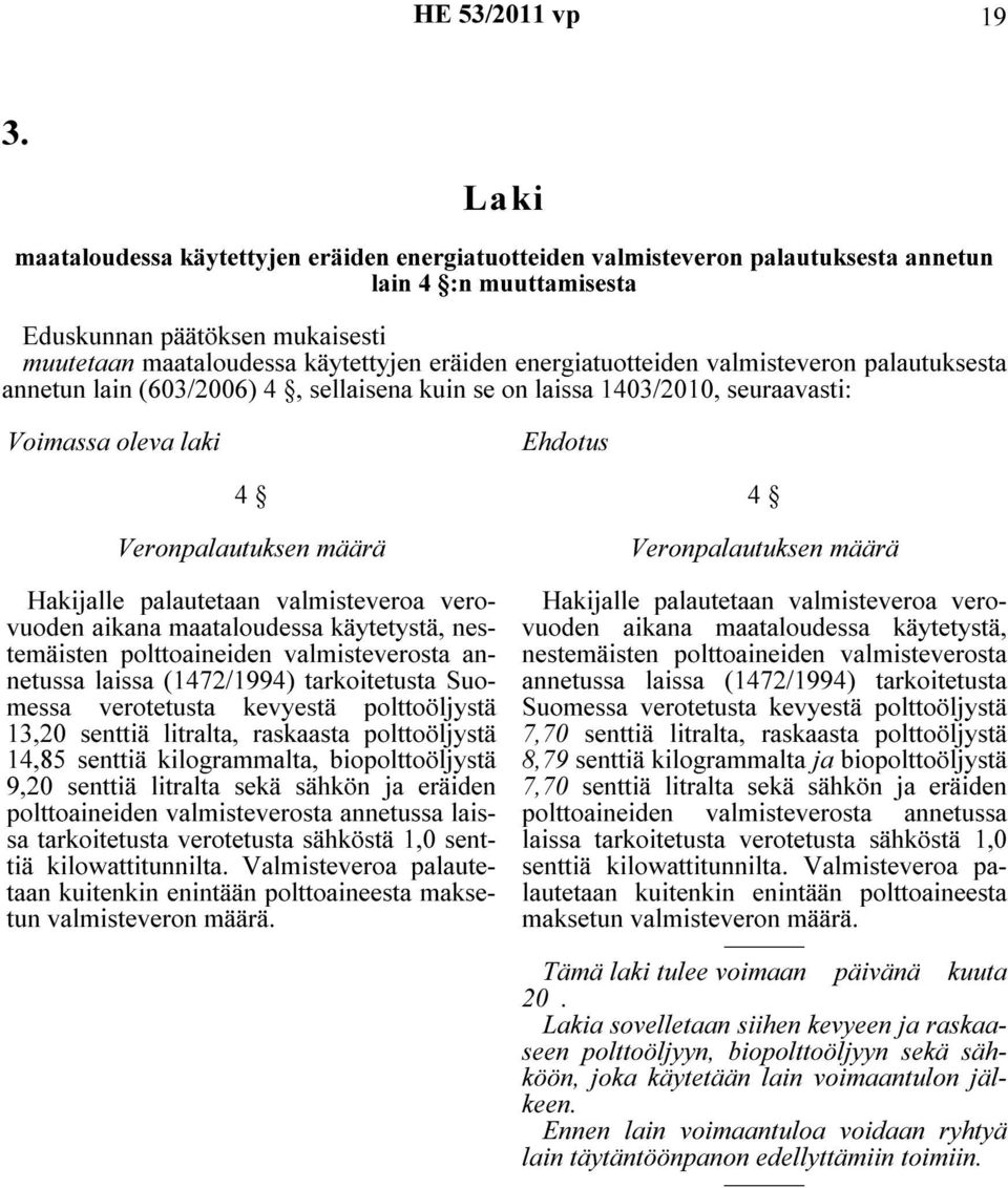 energiatuotteiden valmisteveron palautuksesta annetun lain (603/2006) 4, sellaisena kuin se on laissa 1403/2010, seuraavasti: Voimassa oleva laki Ehdotus 4 Veronpalautuksen määrä Hakijalle