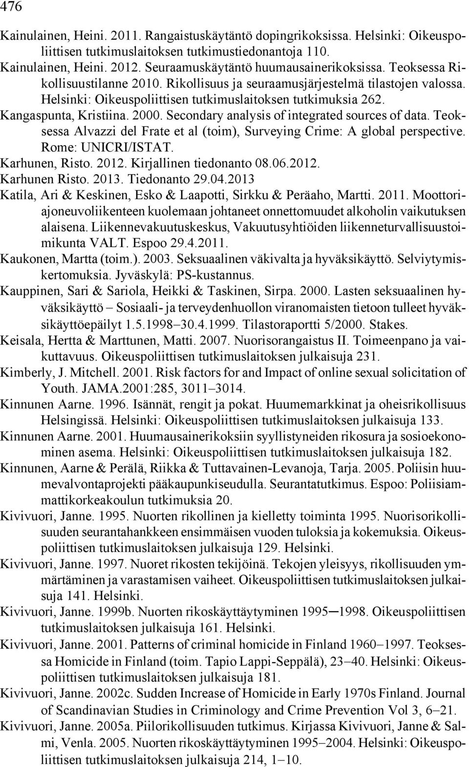 Kangaspunta, Kristiina. 2000. Secondary analysis of integrated sources of data. Teoksessa Alvazzi del Frate et al (toim), Surveying Crime: A global perspective. Rome: UNICRI/ISTAT. Karhunen, Risto.