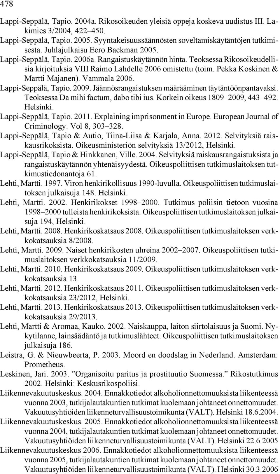 Pekka Koskinen & Martti Majanen). Vammala 2006. Lappi-Seppälä, Tapio. 2009. Jäännösrangaistuksen määrääminen täytäntöönpantavaksi. Teoksessa Da mihi factum, dabo tibi ius.